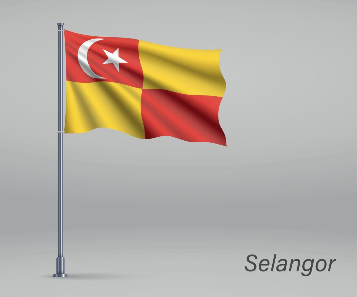 wapperende vlag van selangor - staat maleisië op vlaggenmast. sjabloon vector