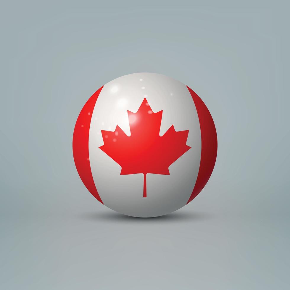 3D-realistische glanzende plastic bal of bol met vlag van canada vector