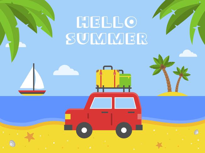 Hallo zomer, auto met bagage op het strand vector