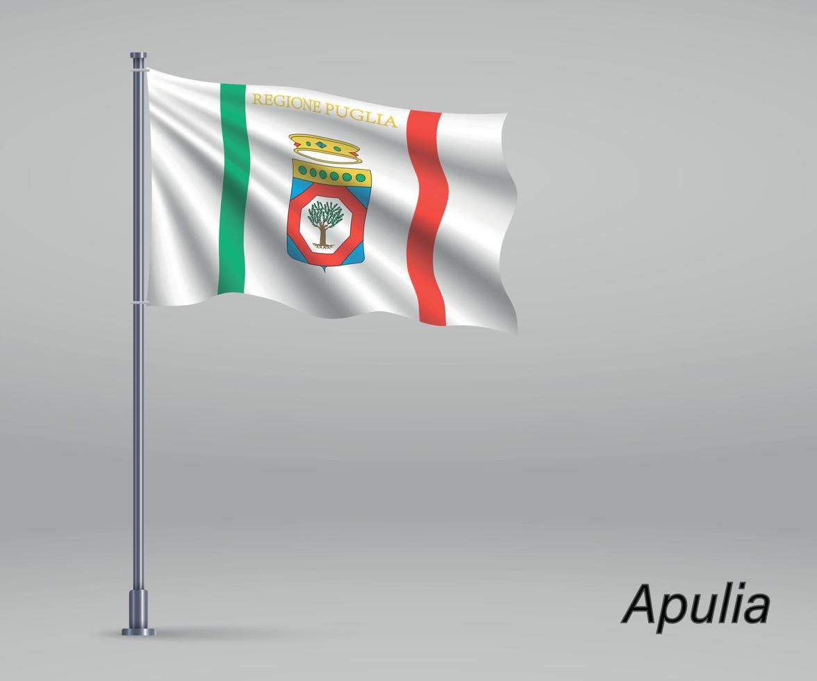 wapperende vlag van apulië - regio van italië op vlaggenmast. sjabloon voor vector