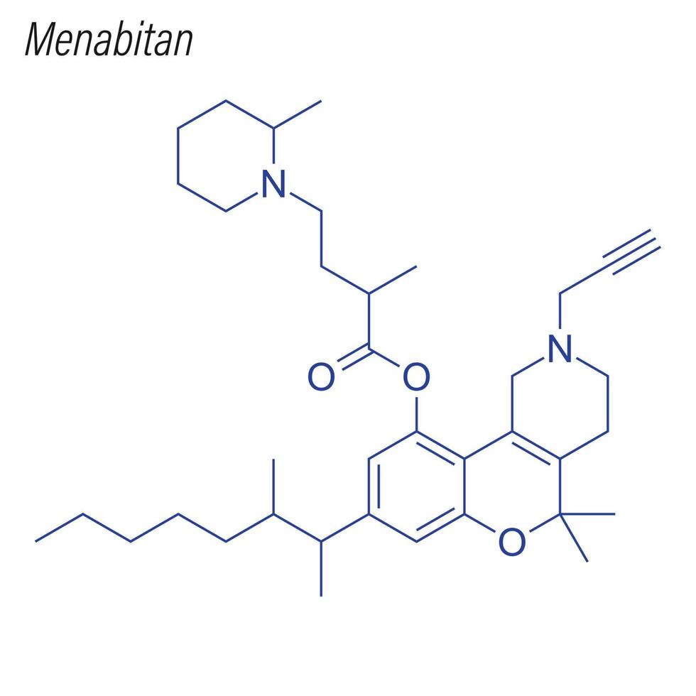 vector skelet formule van menabitan. drug chemische molecuul.