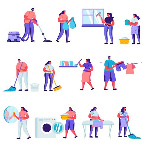 Set van platte reiniging en reparatie Service werknemers tekens. Cartoon mensen service van professionele schoonmakers op het werk dweilen, stofzuigen vloer. Vector illustratie