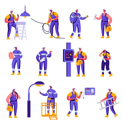 Set van platte industrie en Smart Home onderhoud Service werknemers tekens. Cartoon People Engineer Control Pipe, zonnepaneel, manometer, technicus engineering. Vector illustratie