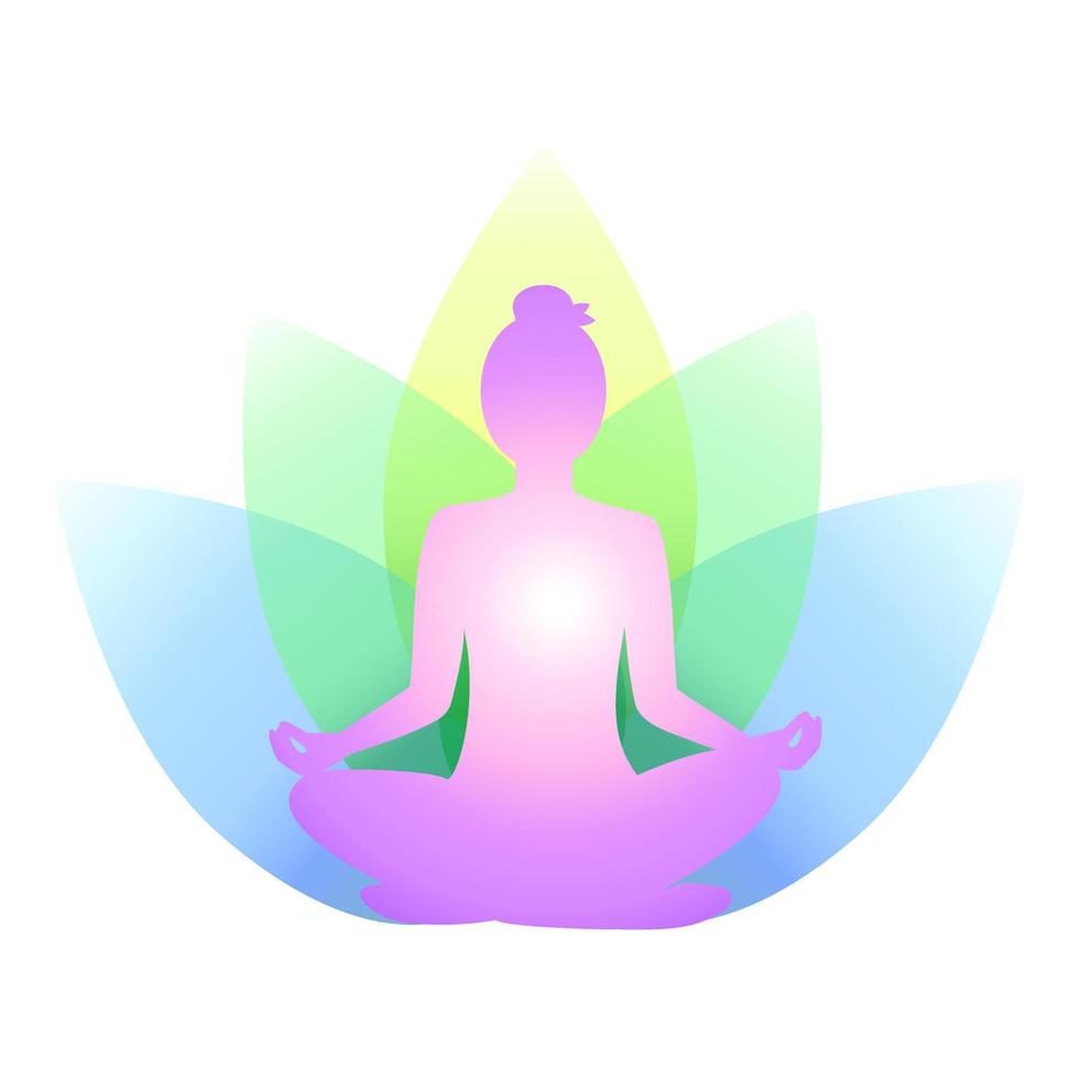 vrouw zit in lotushouding tegen de achtergrond van veelkleurige bloemblaadjes. silhouet van mediteren meisje in delicate kleuren. chakra-concept. yoga-pictogram voor logo, spandoek, poster, flyer vector