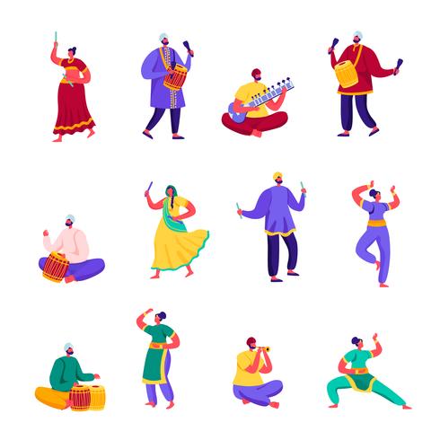 Set van vlakke Indiase straatartiesten tekens. Cartoon mensen muzikanten en dansers in kleurrijke jurk uitvoeren op straat traditionele instrumenten spelen. Vector illustratie