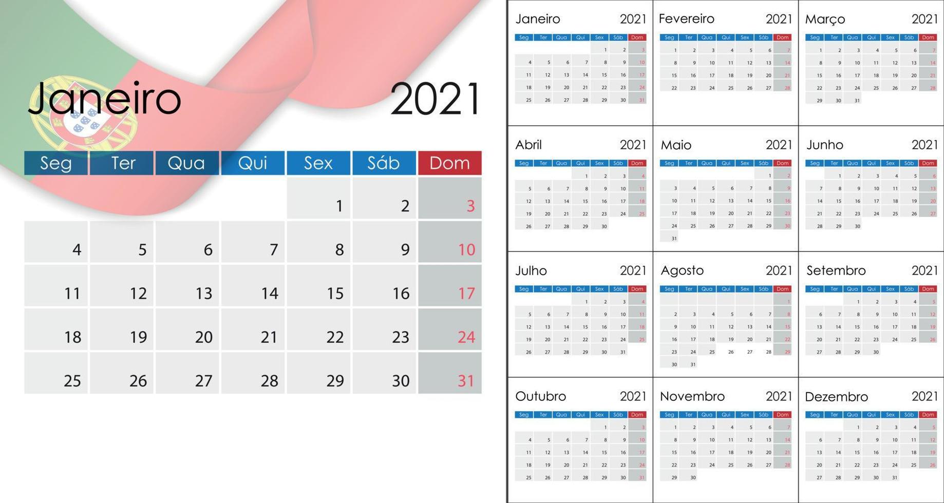 eenvoudige kalender 2021 op Portugese taal, Europese versie, we vector