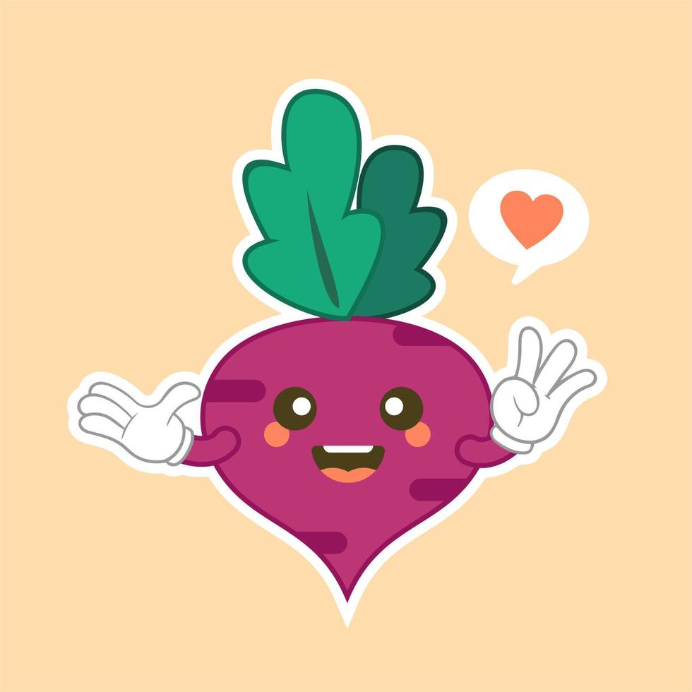 rode biet karakter platte ontwerp. geïsoleerde cartoon paarse biet met kawaii gezicht op kleur achtergrond. kleurrijke vriendelijke paarse bietengroente. schattig ontwerp voor vegetarisch, veganistisch product. vector