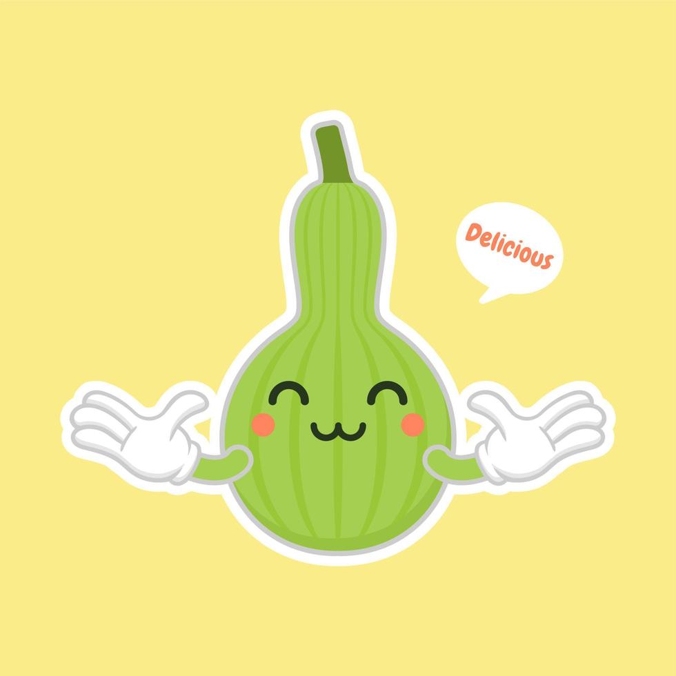 kalebas of lagenaria siceraria, ook bekend als fles kalebas cartoon karakter platte ontwerp illustratie. schattig en kawaii kalebas kalebassen plant ontwerp. peervormige flespompoen vector