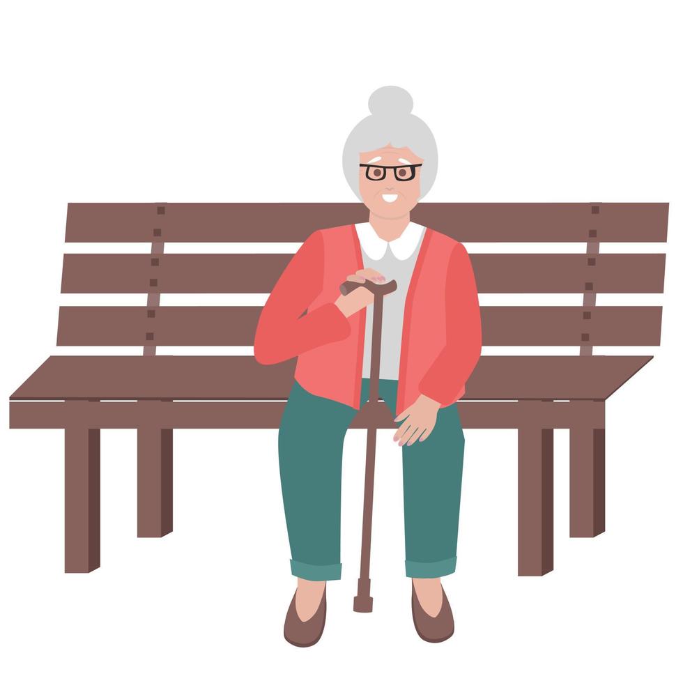 lachende oude dame met een handicap zittend op de bank. platte vectorillustratie vector