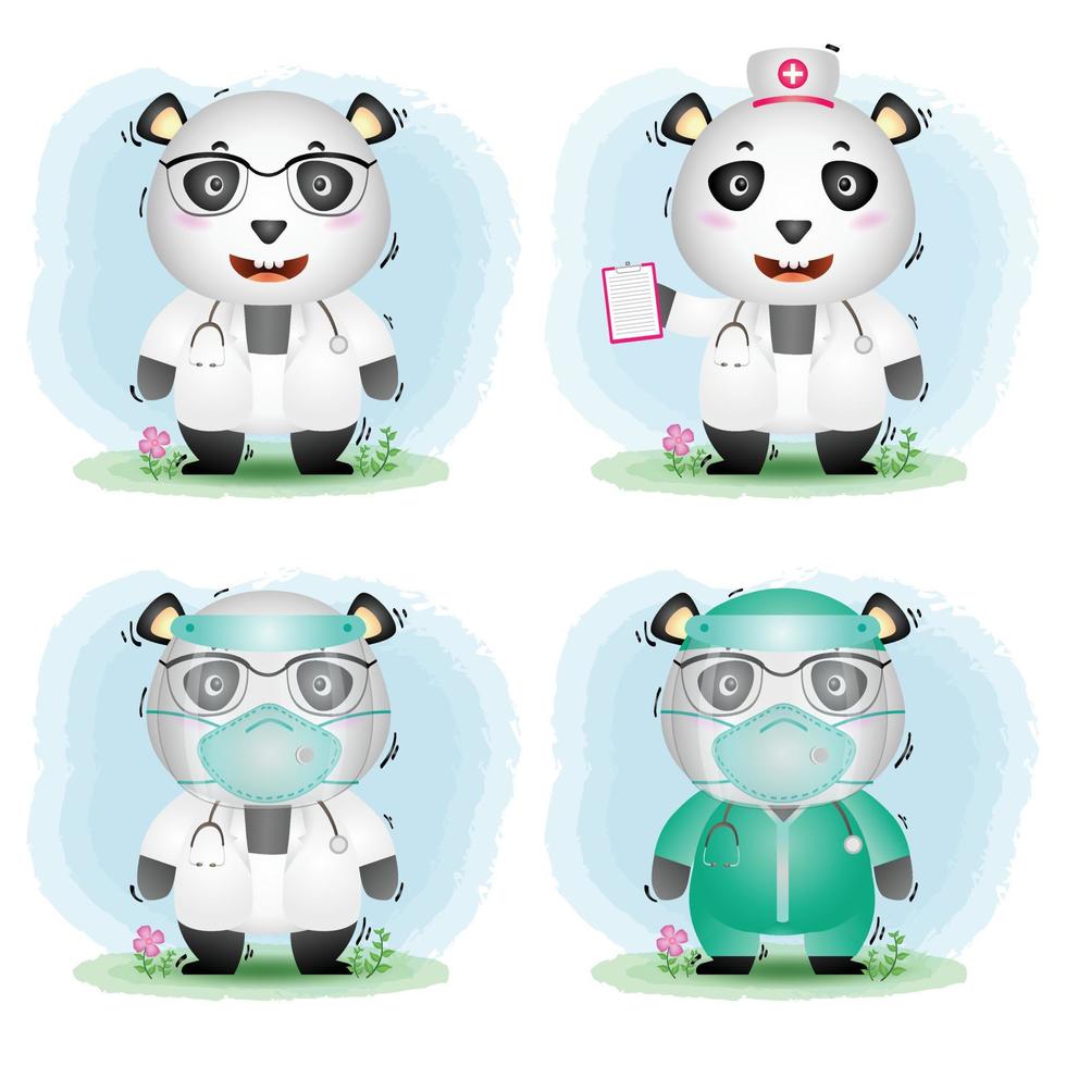 schattige panda met medisch personeel team dokter en verpleegster kostuumcollectie vector