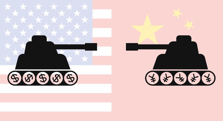 Twee tanksilhouet die elkaar met achtergrond van de vlag van China en de vlag van Verenigde Staten onder ogen zien vector