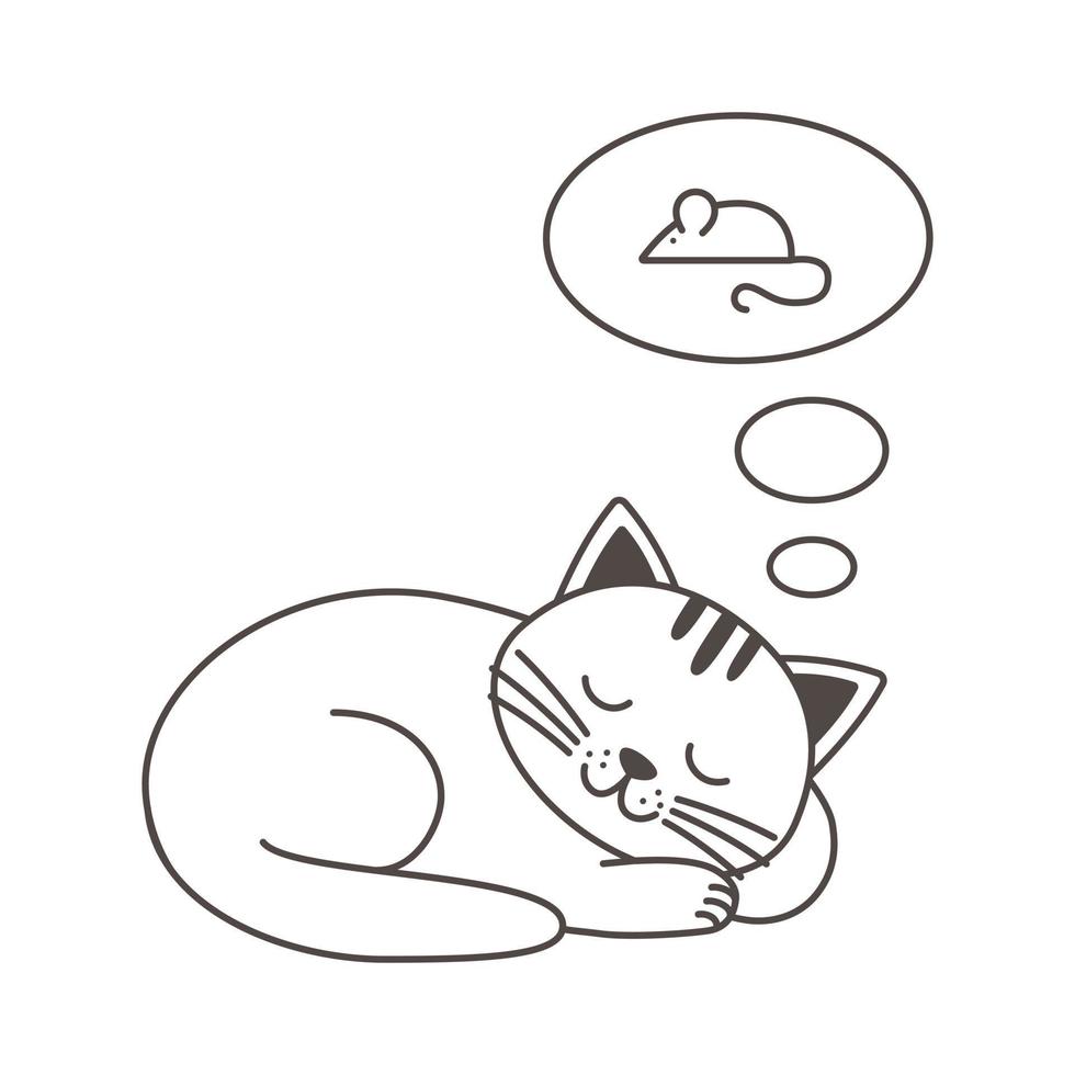 schattige kat slapen en dromen over muis. grappige cartoon dier karakter ontwerp. schets vector geïsoleerde illustratie voor kinderkamer, kinderkleding, wenskaarten, poster, uitnodiging