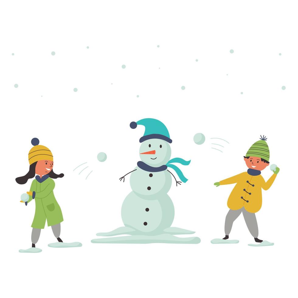 kinderen die sneeuwballen spelen met de sneeuwpop vector