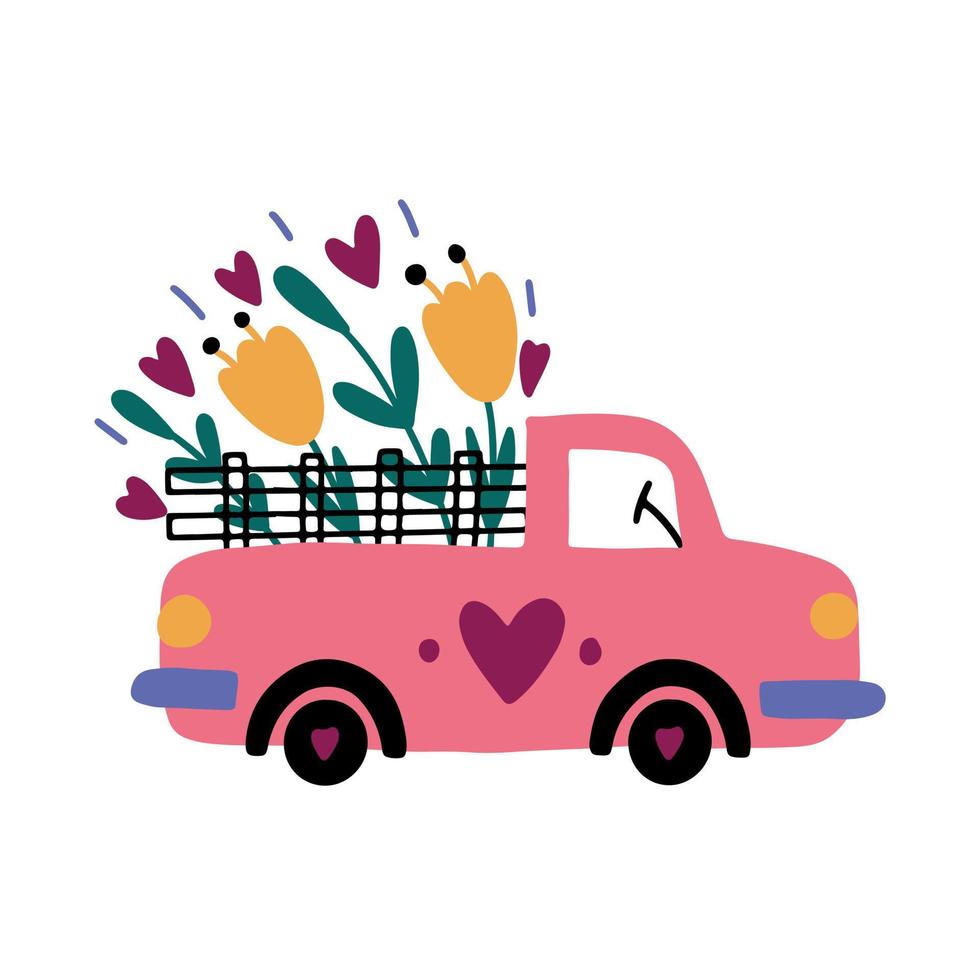 roze auto met bloemen vector