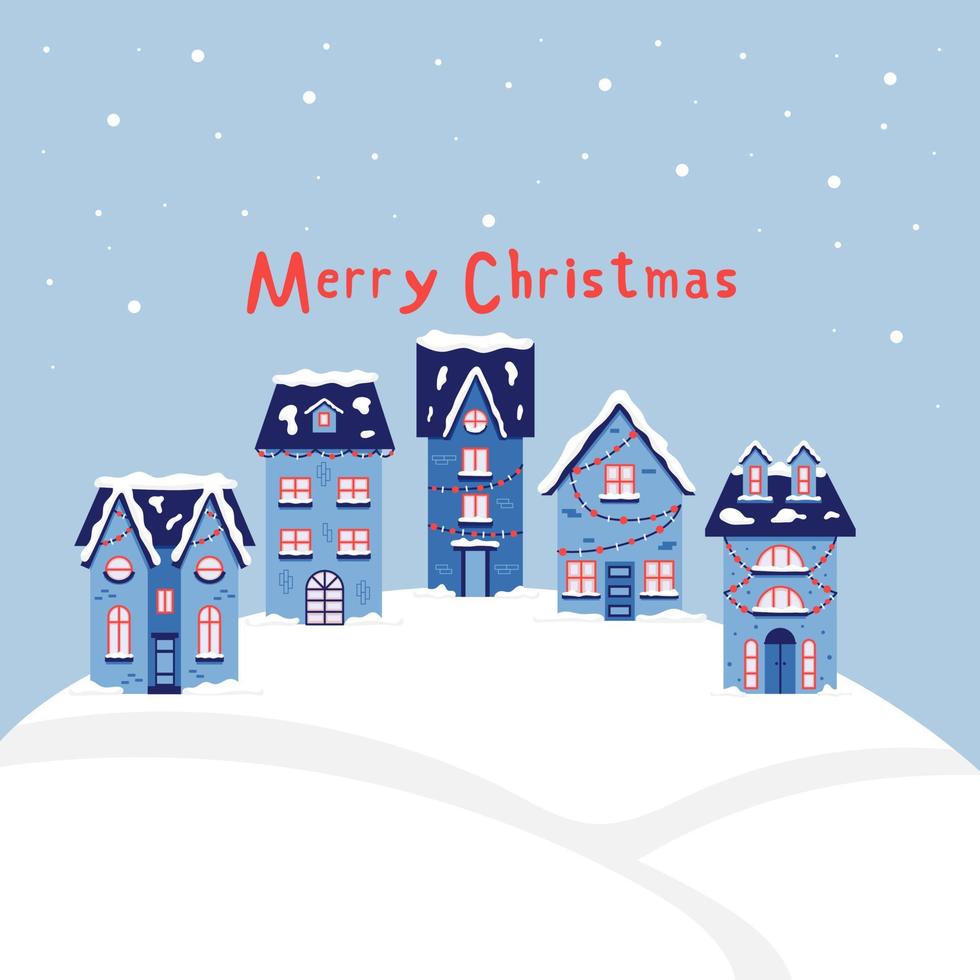 kerst besneeuwde huizen vrolijk kerstfeest. nieuwjaarswenskaart. vectorillustratie in blauwe tinten vector