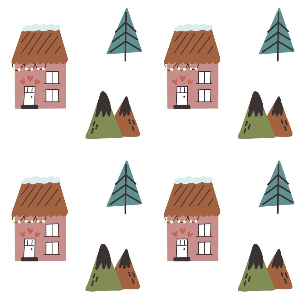 naadloos patroon met winterhuizen, kerstbomen, bergen vector