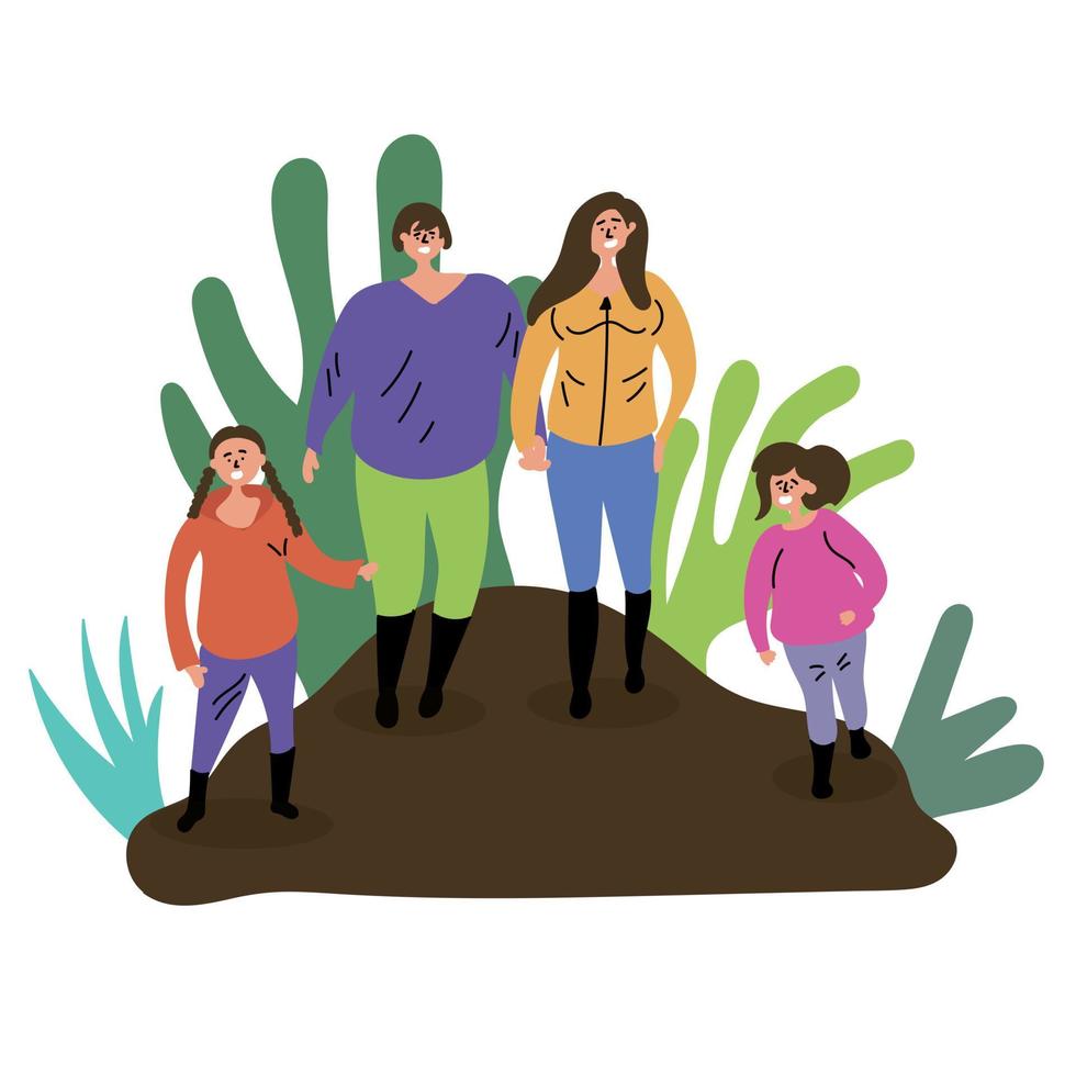 familie wandeling in het bos. mama, papa, dochter. ecotoerisme. zomer rust. inspireren om te reizen vector