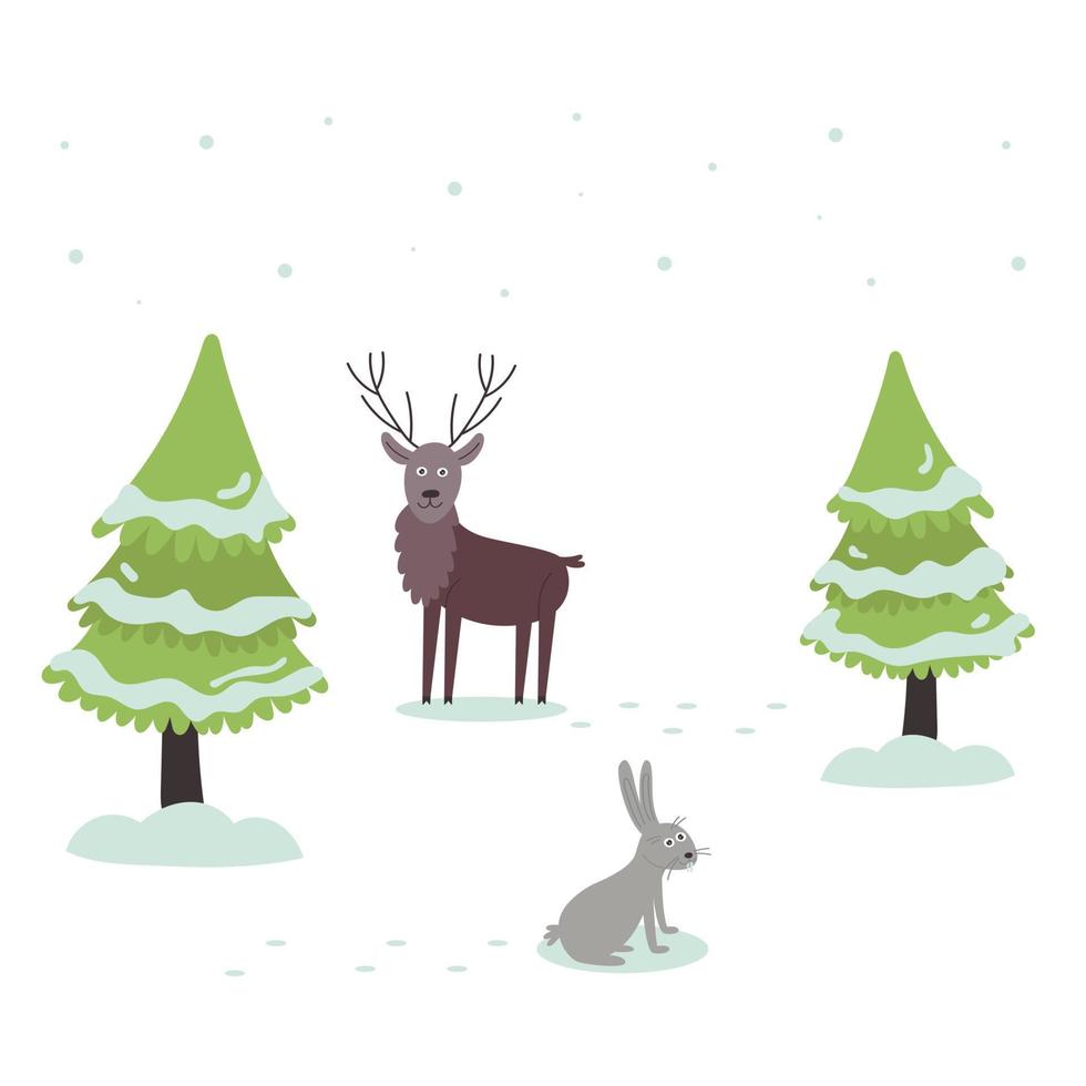 dieren in het besneeuwde bos van kerstbomen haasherten vector