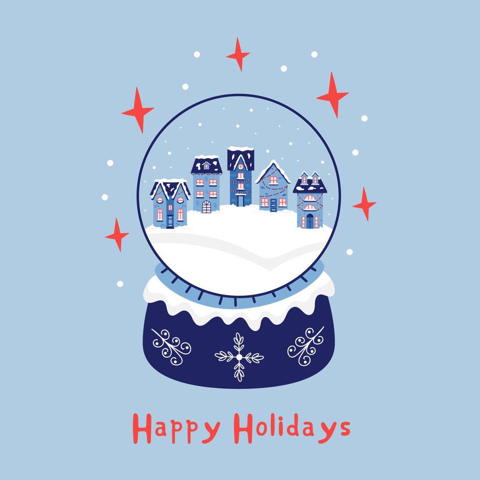 kerst sneeuw huizen in een kristallen bol. nieuwjaarswenskaart vrolijk kerstfeest. vectorillustratie in blauwe tinten vector