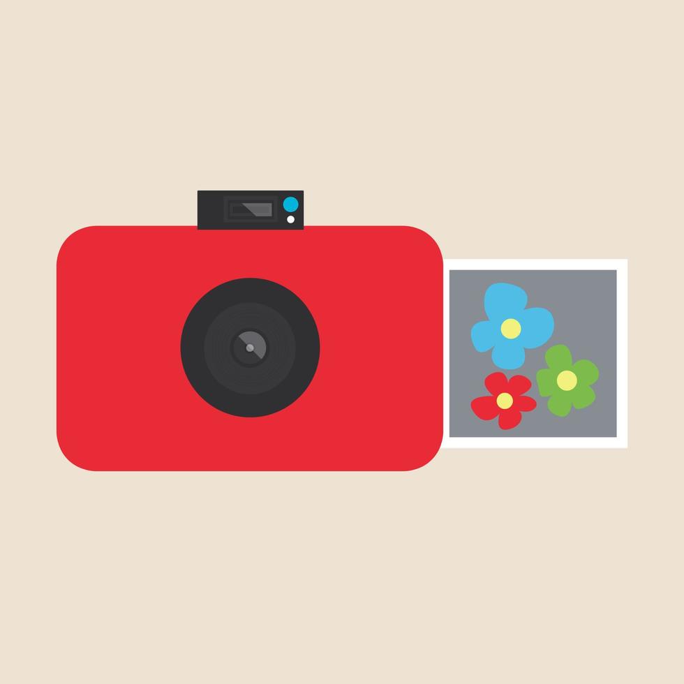 heldere platte camera voor snapshots. er verschijnt een momentopname met foto's van bloemen. lens. dunne gadget voor foto's. fotokaart. vlakke stijl vector