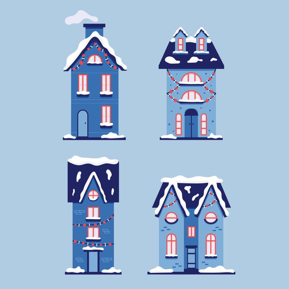 set van kerst besneeuwde huizen vector