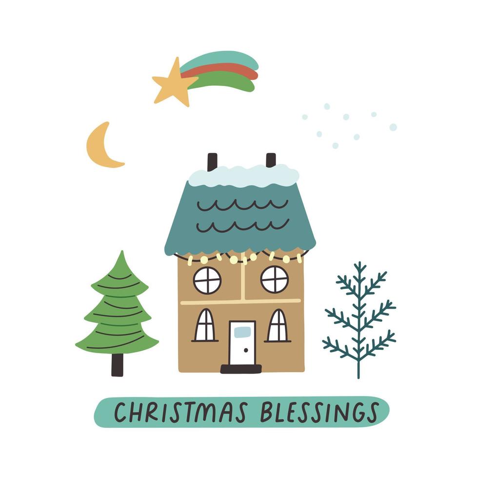 kerstkaart winterhuis met sterren en kerstbomen vector