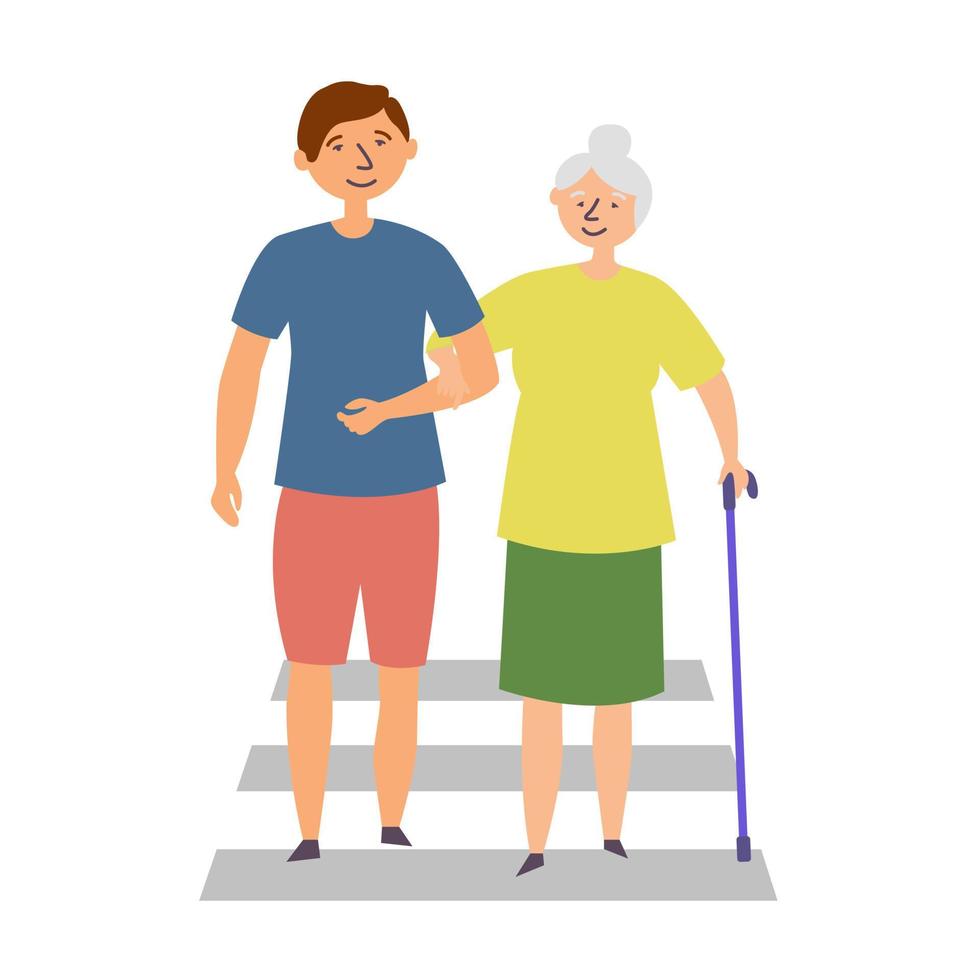 de man helpt de oma met een handicap de weg oversteken. de manifestatie van vriendelijkheid vector