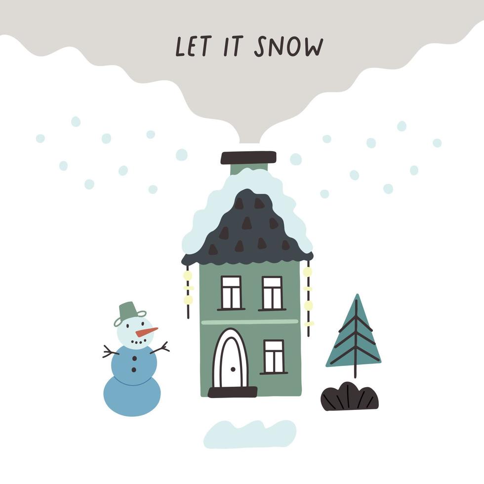 kerstkaart met een winterhuis en een sneeuwpop vector