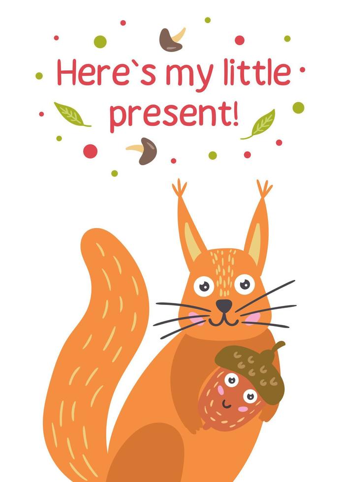 roodharige schattige eekhoorn met een eikel. positieve kinderen wenskaart. vector illustratie