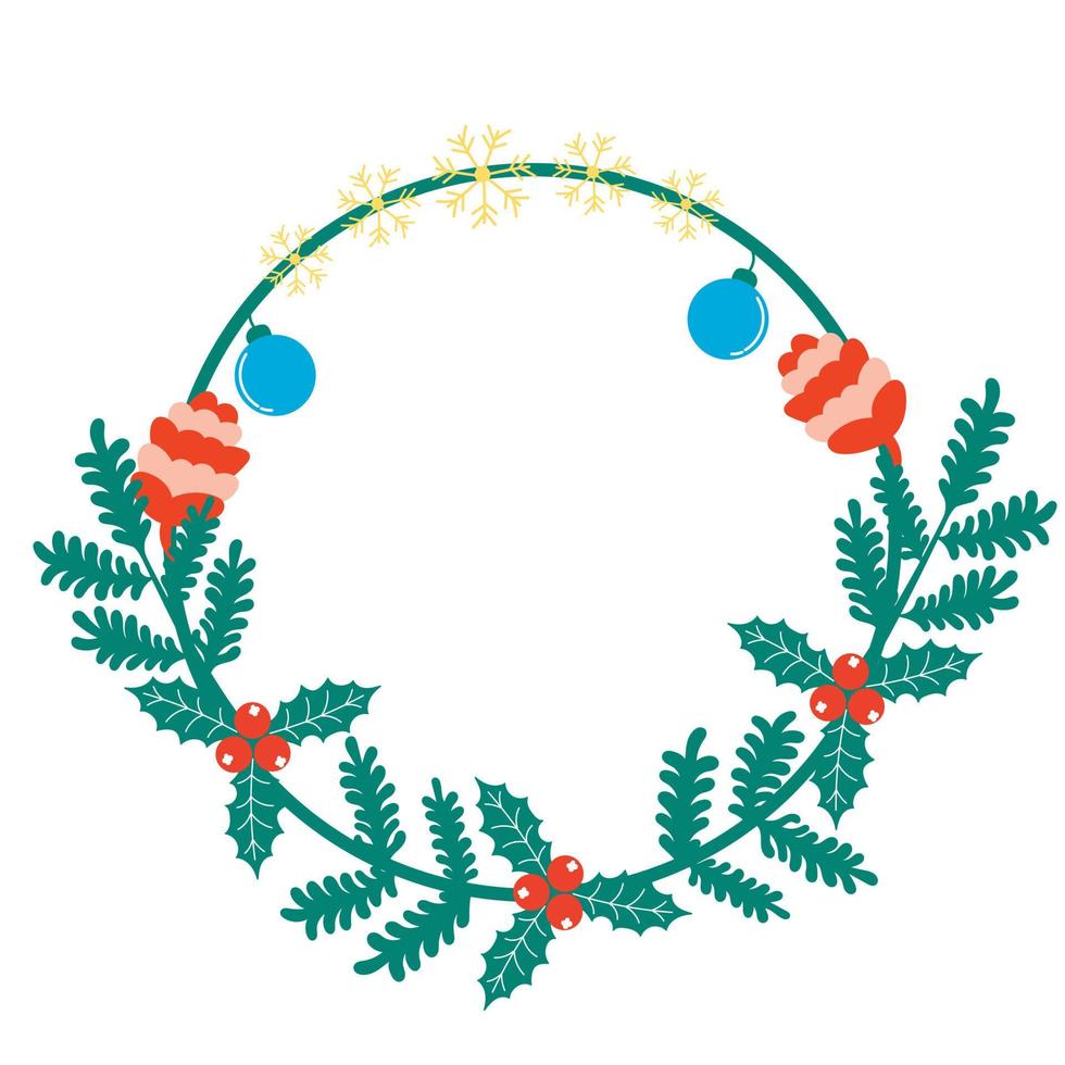 kerstframe van naaldbomen takken van sneeuwvlokken kegels van kerstspeelgoed hulst hulst vector