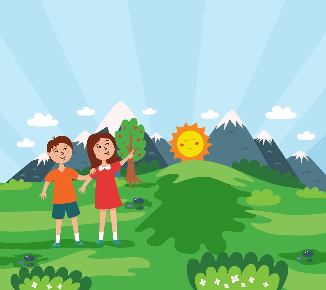 kinderen ontmoeten zonsopgang in de natuur. zomer kinderen landschap. vector illustratie