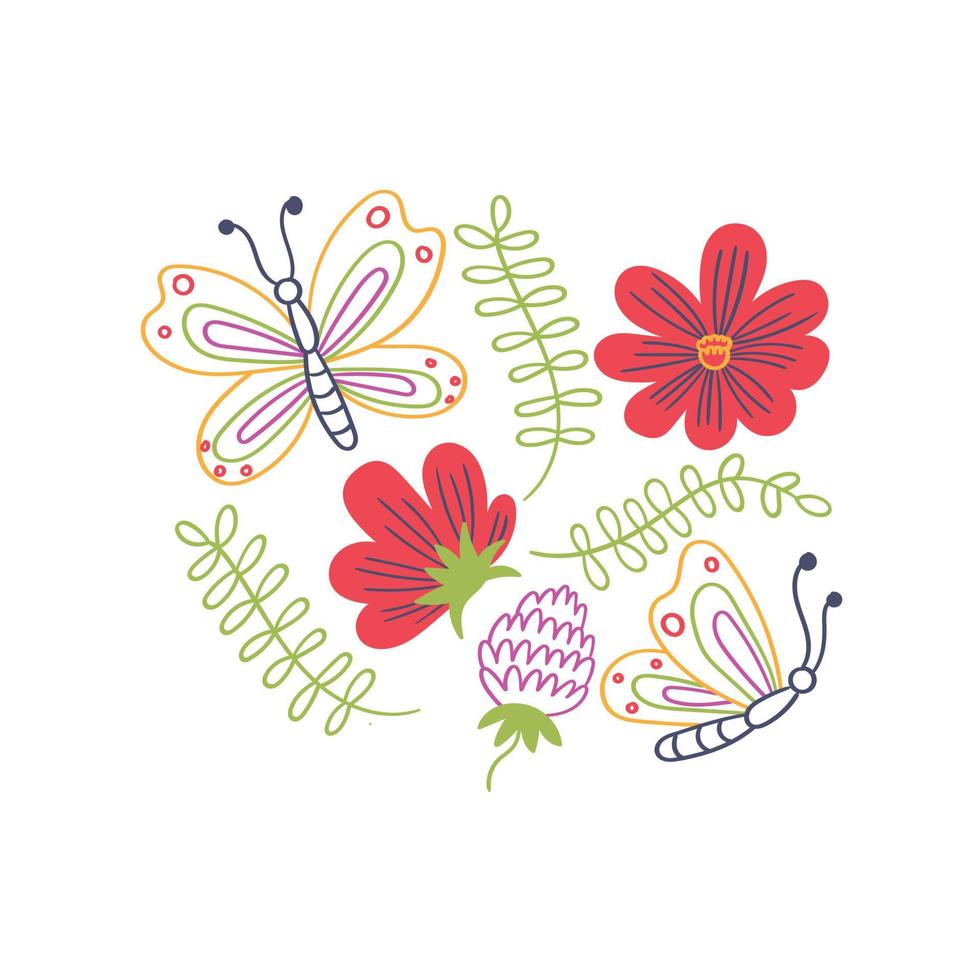 print voor t-shirt vlinders bloemen bladeren vector