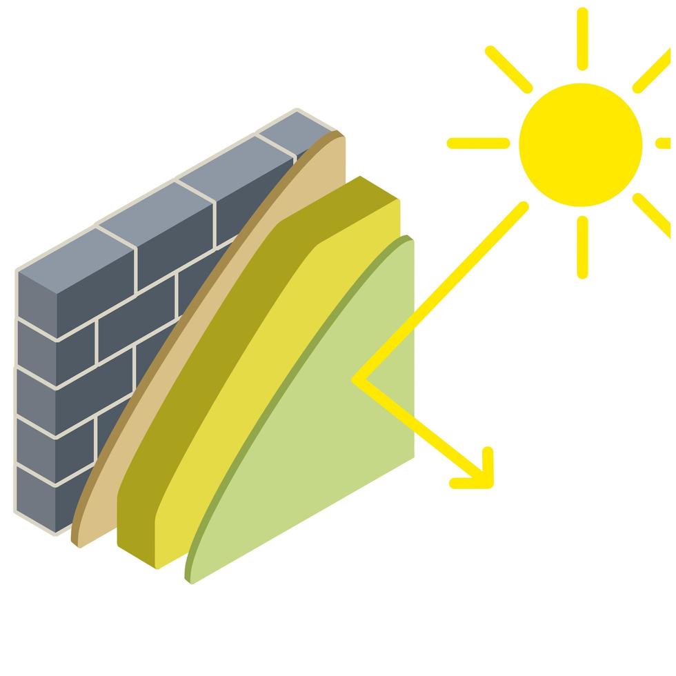 grijze bakstenen muur in isometrie met lagen pleister en isolatie. vector