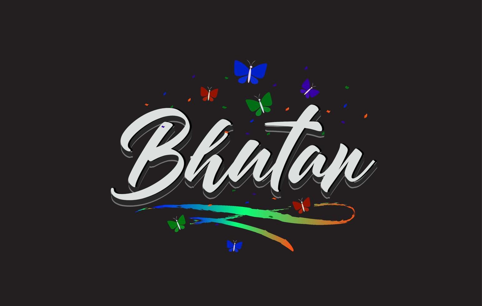 witte Bhutan handgeschreven vector word-tekst met vlinders en kleurrijke swoosh.