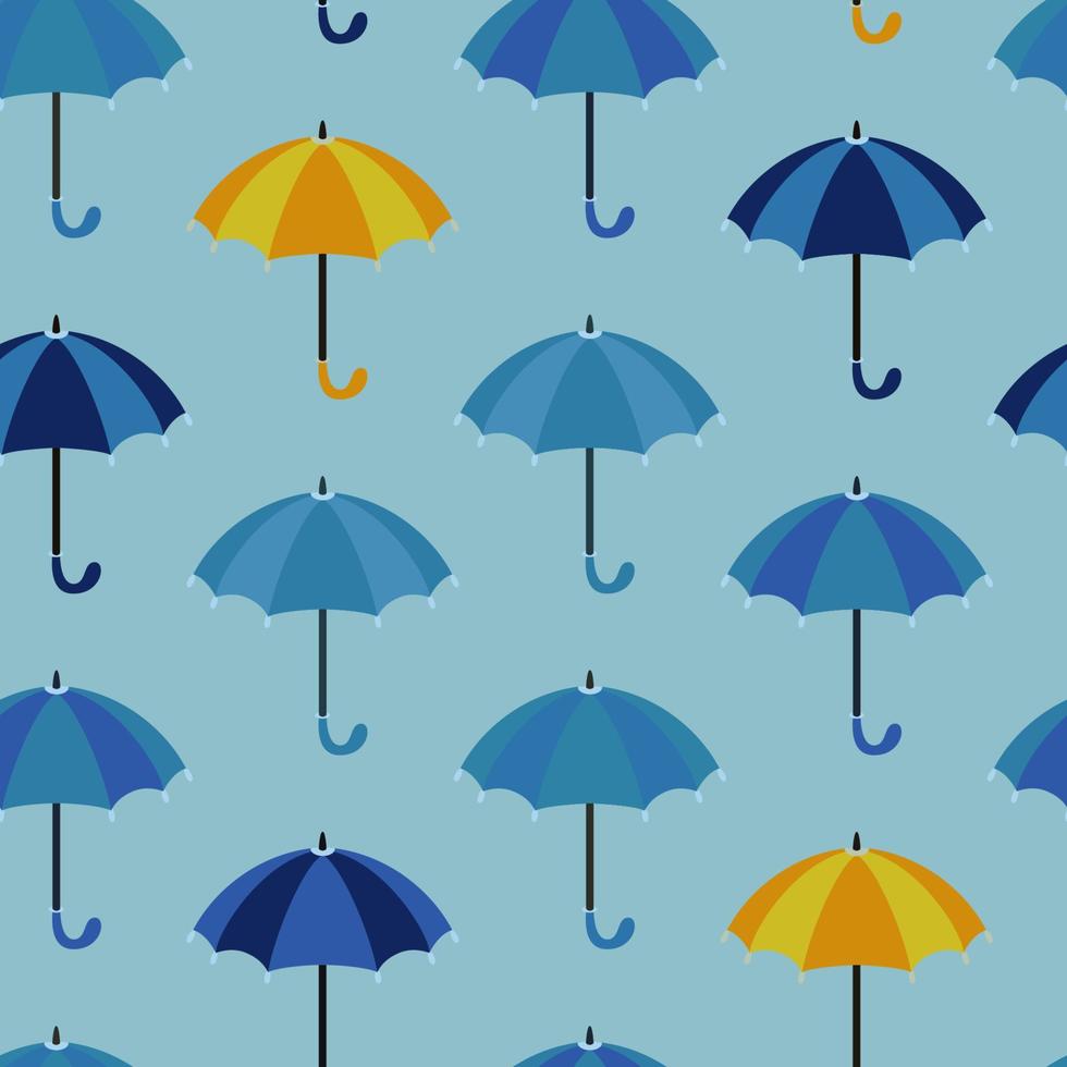 naadloos patroon met open paraplu's. rijen parasols in de kleuren blauw en soms geel. vectorillustratie, platte cartoon design. paraplu met afgerond handvat. textuur voor stof, babykleertjes vector