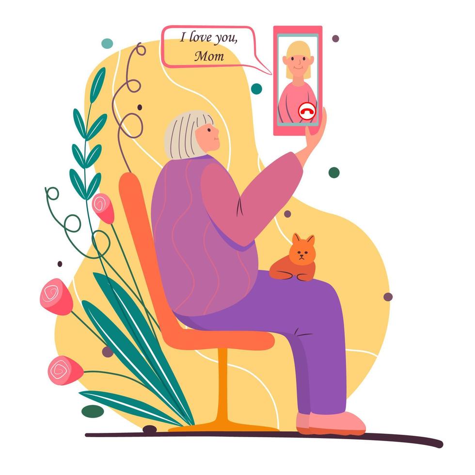 bel je moeder. cartoon afbeelding voor Moederdag. oudere vrouw zit op de bank, houdt smartphone vast. kat ligt op de schoot van de grootmoeder. videolink, praten, chatten met dochter. senior vrouw met telefoon vector