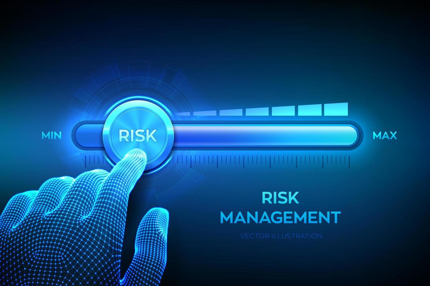 risico niveaus knop knop. wireframe-hand trekt naar de voortgangsbalk met minimaal positierisico. risicobeheer bedrijfsconcept. vectorillustratie. vector