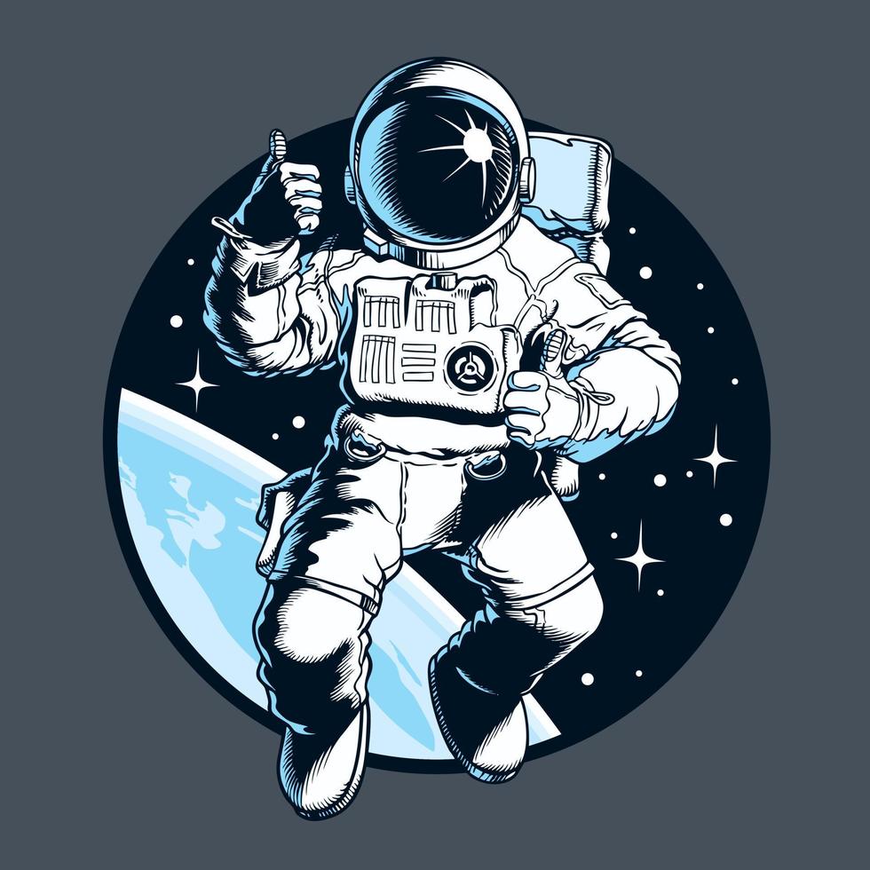 astronaut in de ruimte. duim omhoog. ruimte toerist. komische stijl vectorillustratie. vector