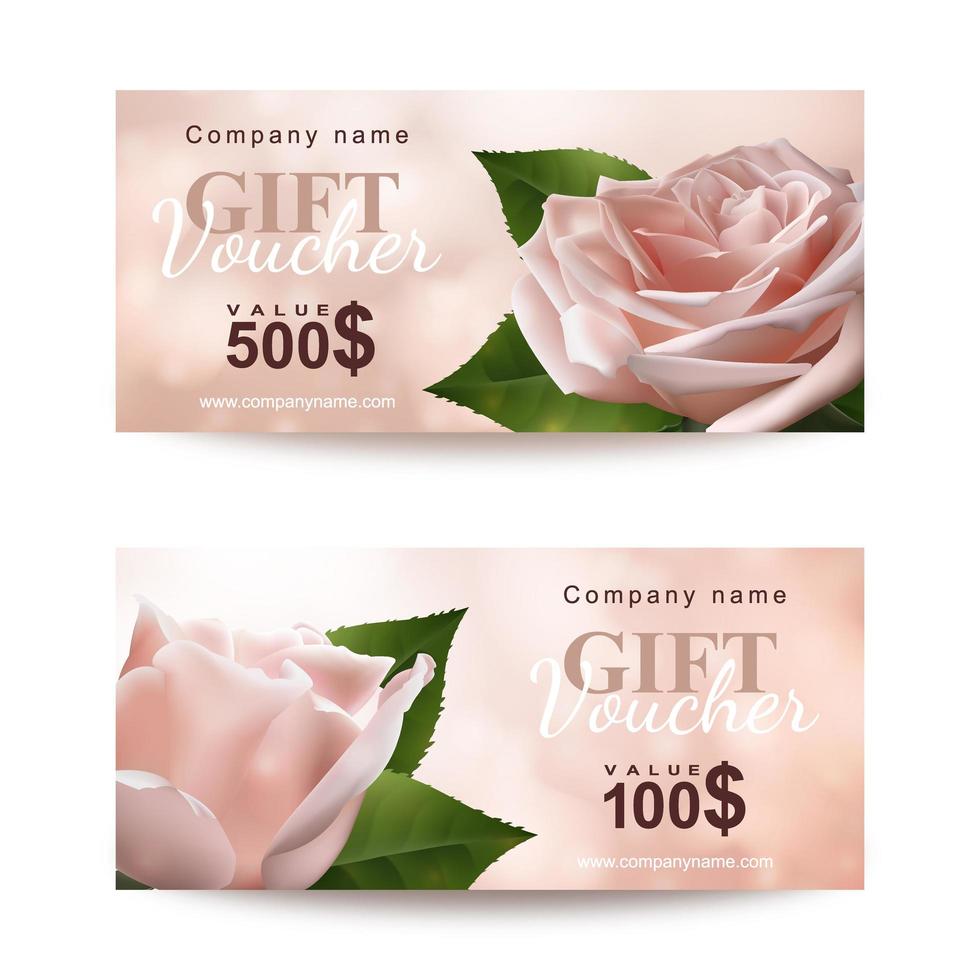 set cadeaubonnen met twee realistische roze rozenbloemen. sjabloon voor een feestelijke cadeaubon, uitnodiging en certificaat. vector illustratie
