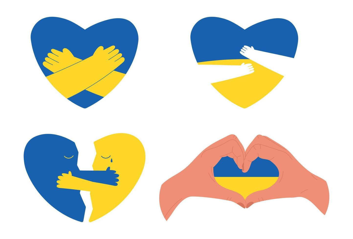 set van harten in Oekraïense vlag kleuren knuffelen en tonen liefde en steun, platte vectorillustratie geïsoleerd op wit. concepten van vrede en humanitaire hulp tijdens oorlog in oekraïne. vector