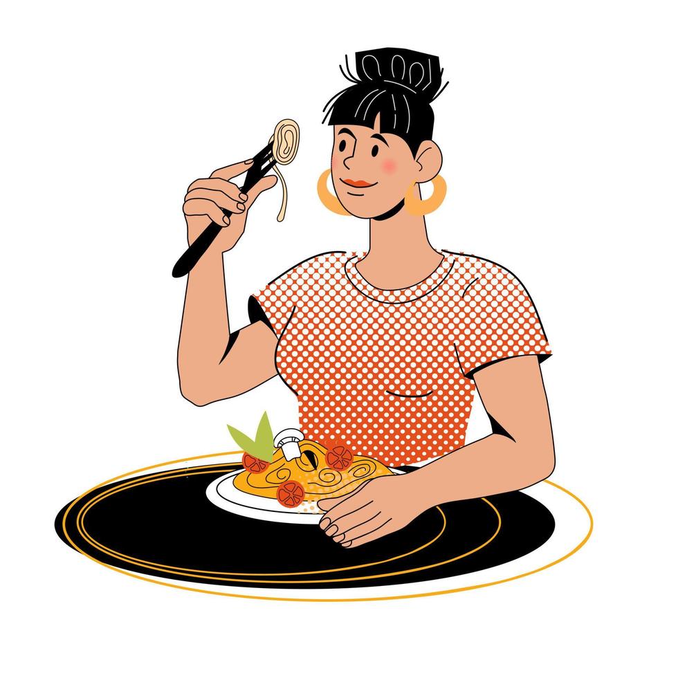 vrouw eten pasta of noedels, cartoon vectorillustratie geïsoleerd op een witte achtergrond. persoon dineren met spaghetti in Italiaans eten restaurant. vector