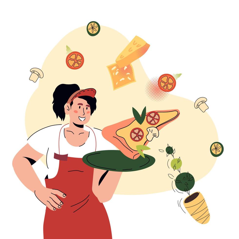 aantrekkelijke serveerster die een dienblad met plak van pizza houdt. pizzeria of Italiaans restaurant serveerster omringd door pizza ingrediënten, cartoon vectorillustratie geïsoleerd op een witte achtergrond. vector