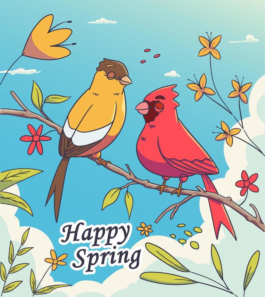 kardinaal en distelvinkvogel neergestreken op een boomtak voor een gelukkig lenteconcept vector