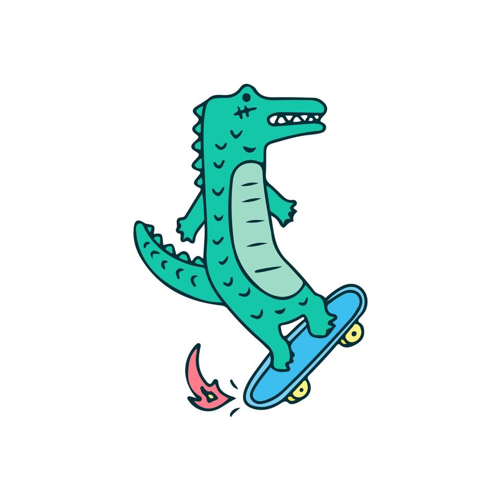 koele krokodil die een skateboard berijdt, illustratie voor t-shirt, sticker, of kledingskoopwaar. met doodle, retro en cartoonstijl. vector