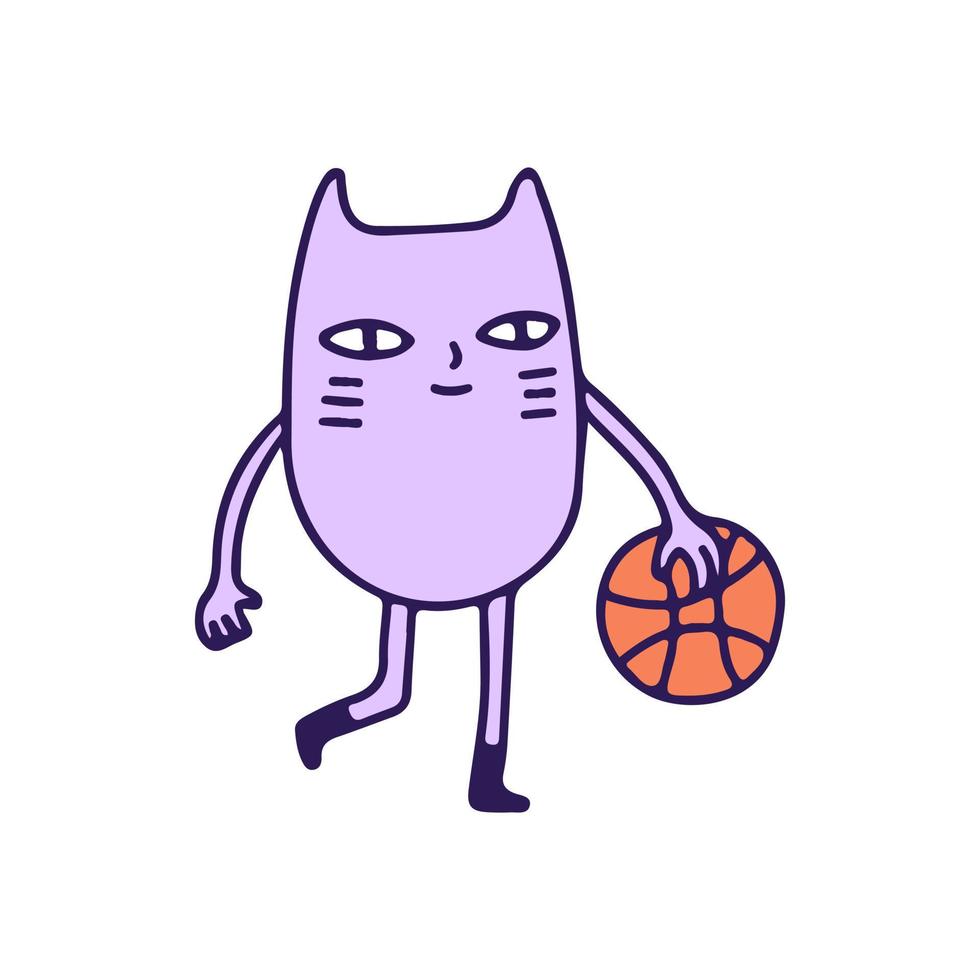 paarse schattige kat en basketbal, illustratie voor t-shirt, sticker of kleding koopwaar. met doodle, retro en cartoonstijl. vector