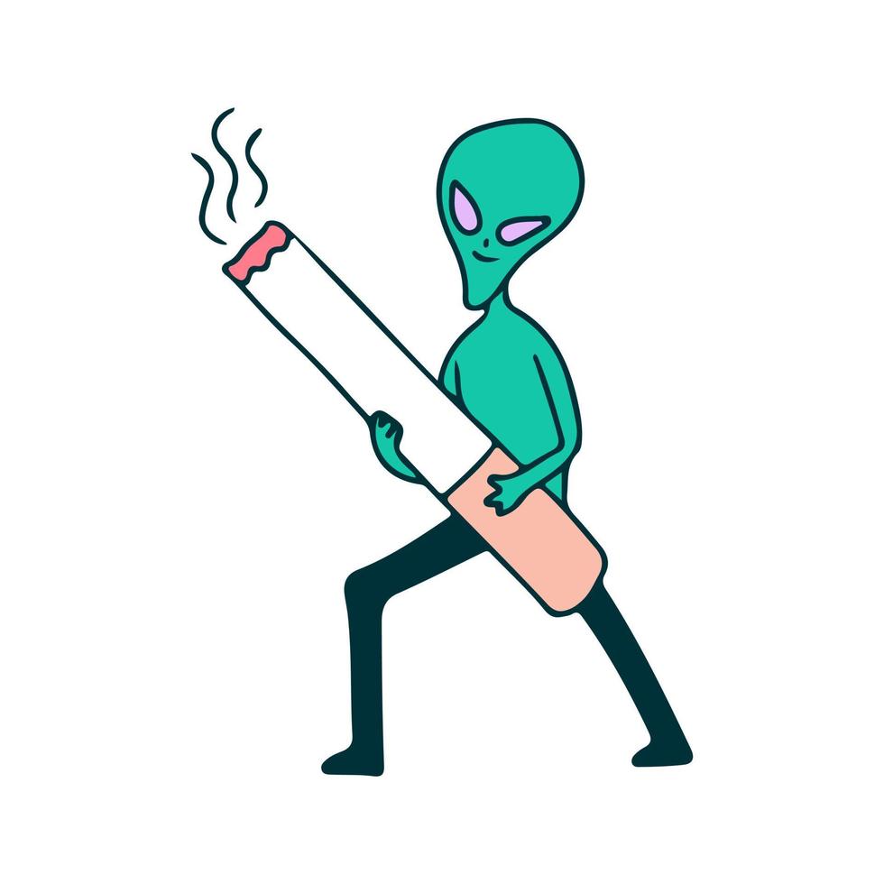 buitenaards karakter met sigaret, illustratie voor t-shirt, sticker of kleding koopwaar. met doodle, retro en cartoonstijl. vector