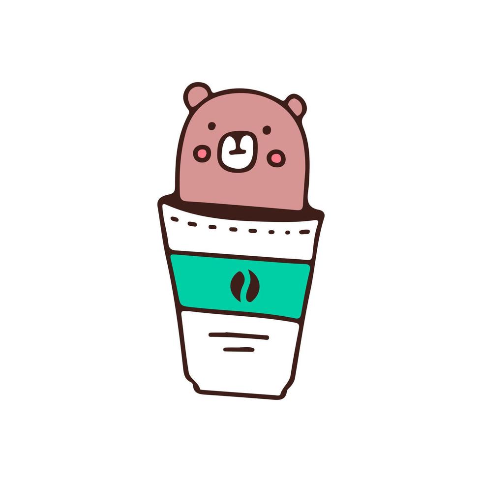 schattige beer en koffie, illustratie voor t-shirt, sticker of kleding koopwaar. met doodle, retro en cartoonstijl. vector
