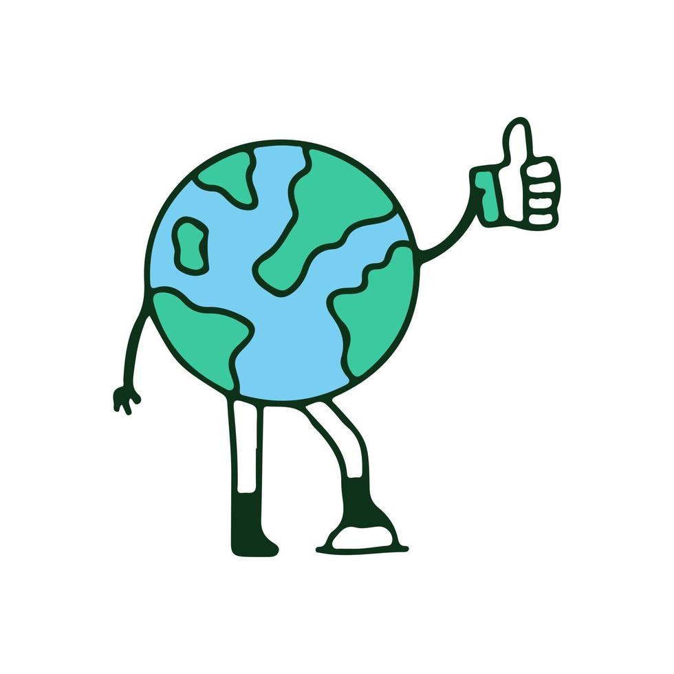 Earth Planet houdt als knop, illustratie voor t-shirt, sticker of kleding koopwaar. met retro cartoon-stijl. vector