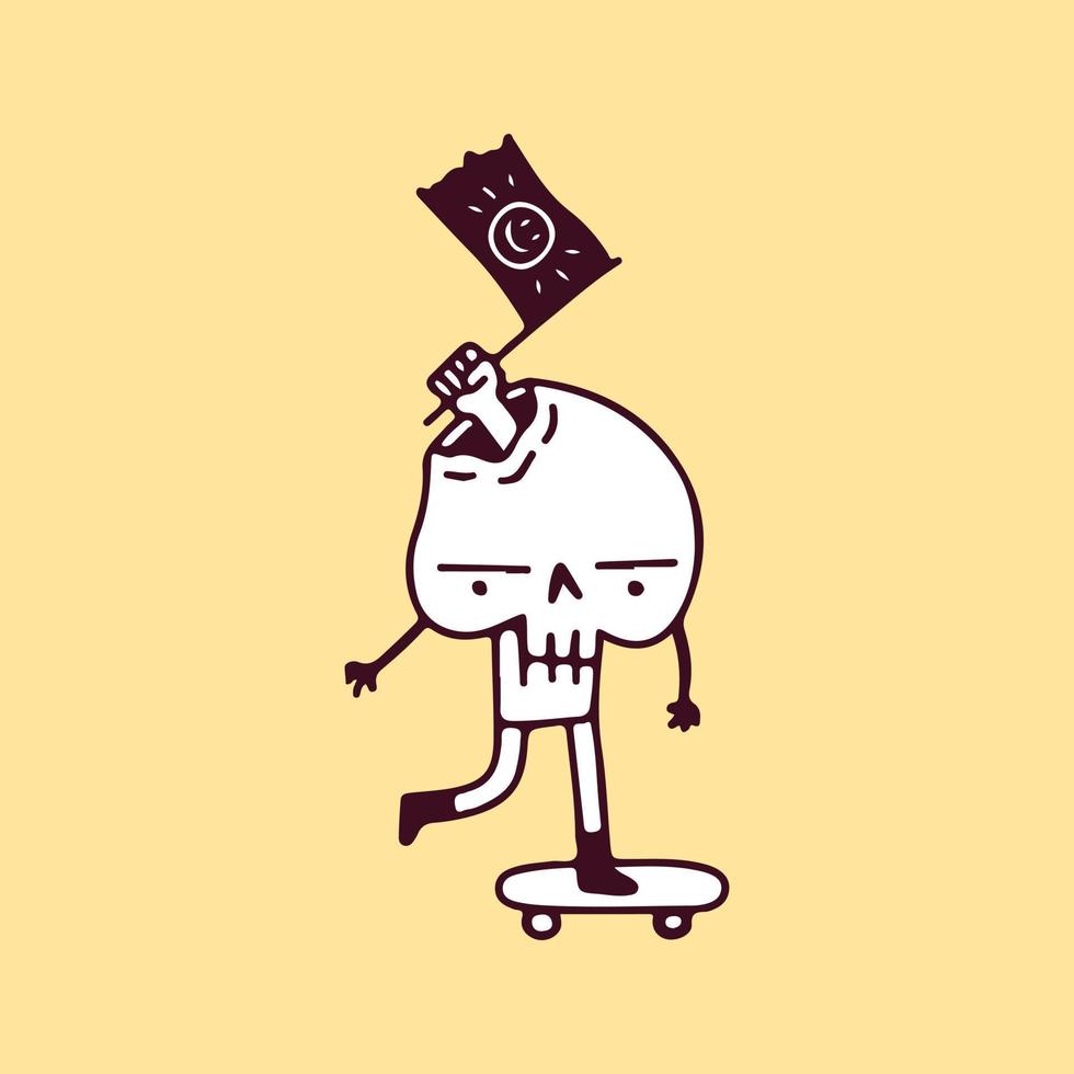 skeletkarakter berijdt een skateboard, illustratie voor t-shirt, sticker of kledingskoopwaar. met doodle, zachte pop en cartoonstijl. vector