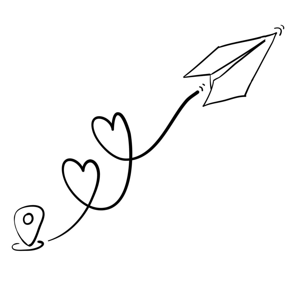 liefde vliegtuig route illustratie vector in de hand getekende doodle stijl